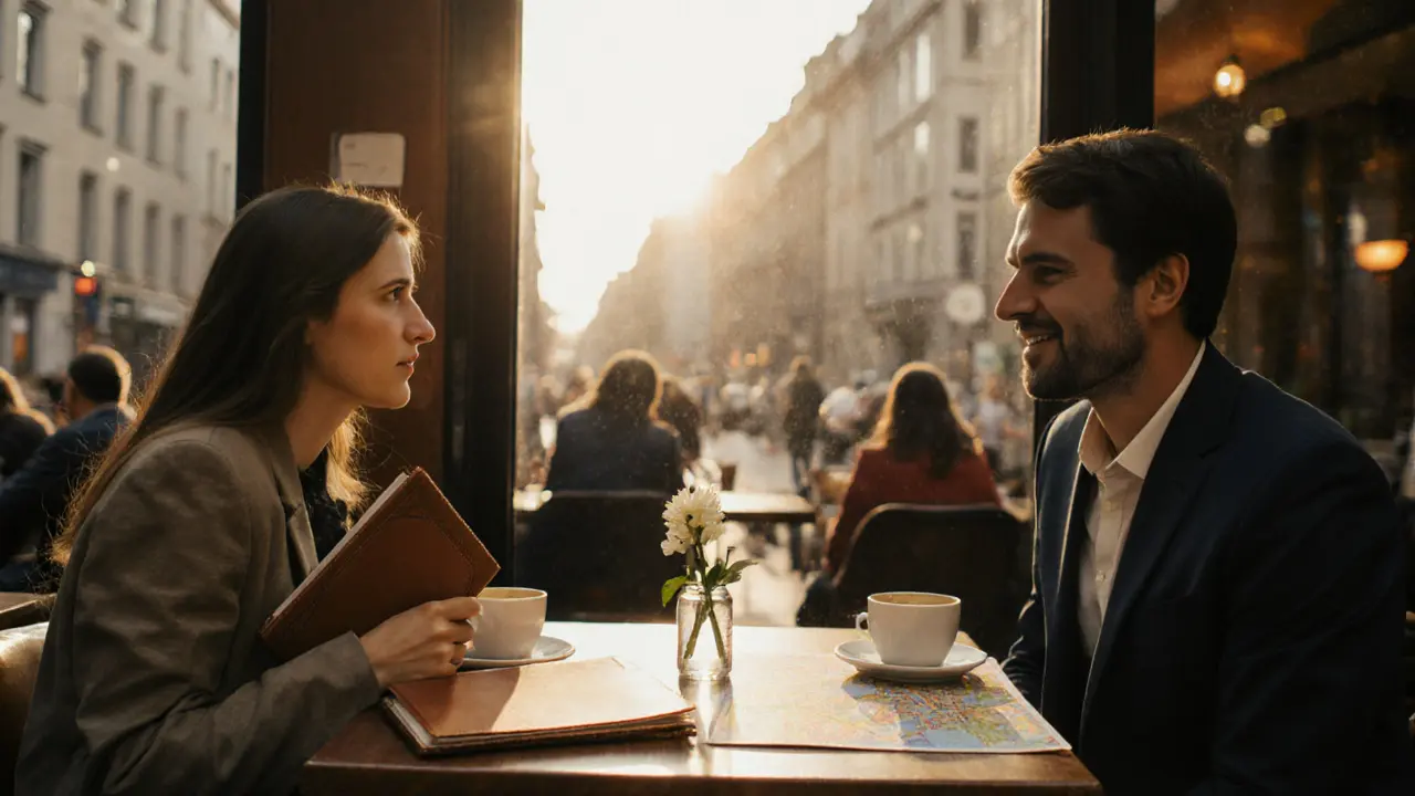 A man and woman talking over coffee at a sunny Berlin café, with a map and flower on the table, golden hour lighting.