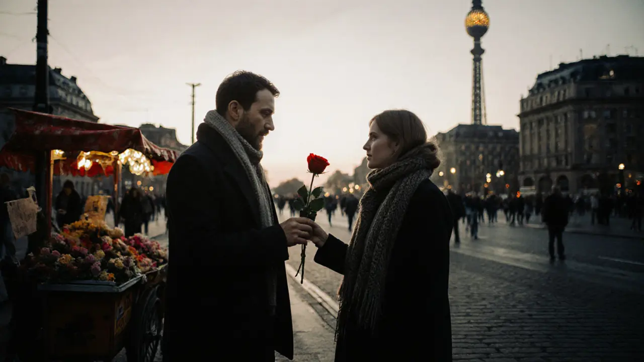 A man handing a single red rose to a woman near Alexanderplatz at dusk, no words needed.