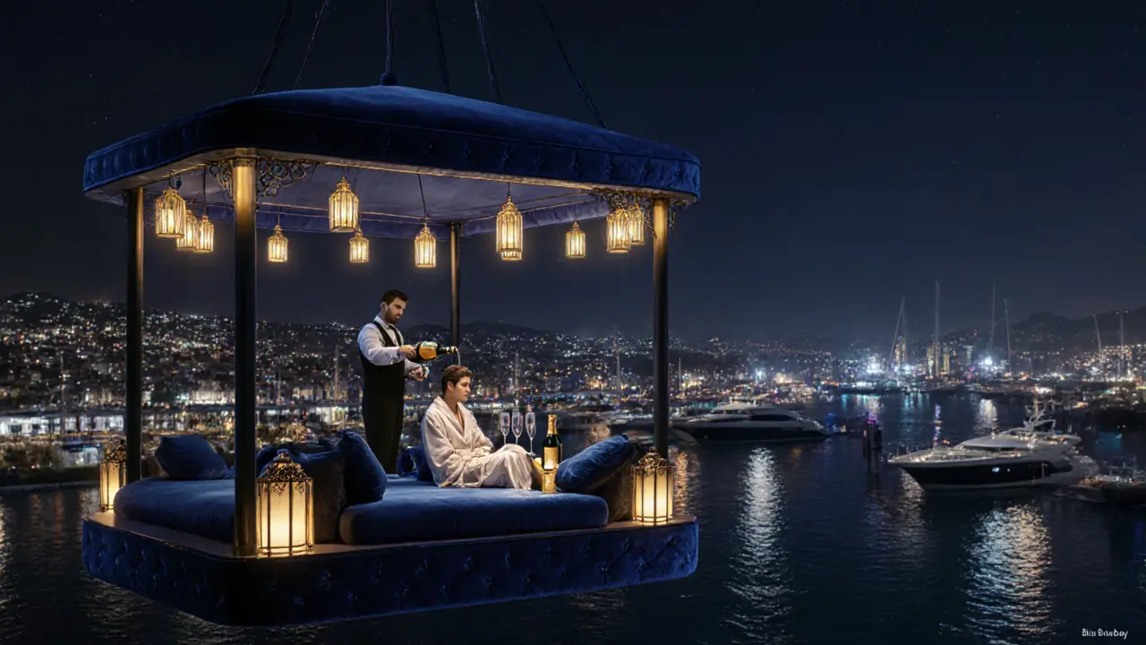 A private cabana at Blue Bay floats over the harbor, illuminated by golden lights with champagne being poured.