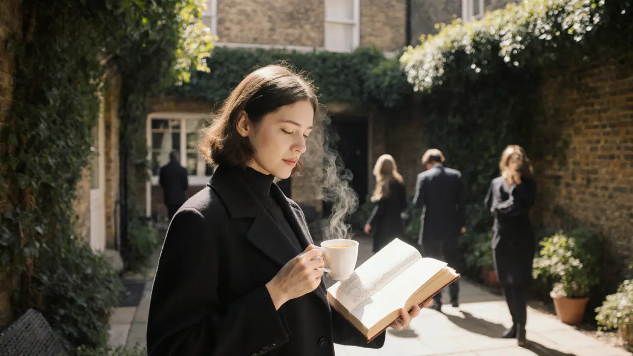A woman stands on a garden terrace in Notting Hill, tea in hand, surrounded by hidden greenery.