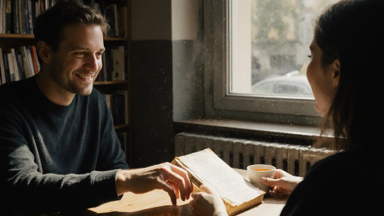 A woman touching a secondhand poetry book offered by a man in a cozy Berlin café, sunlight streaming through the window.