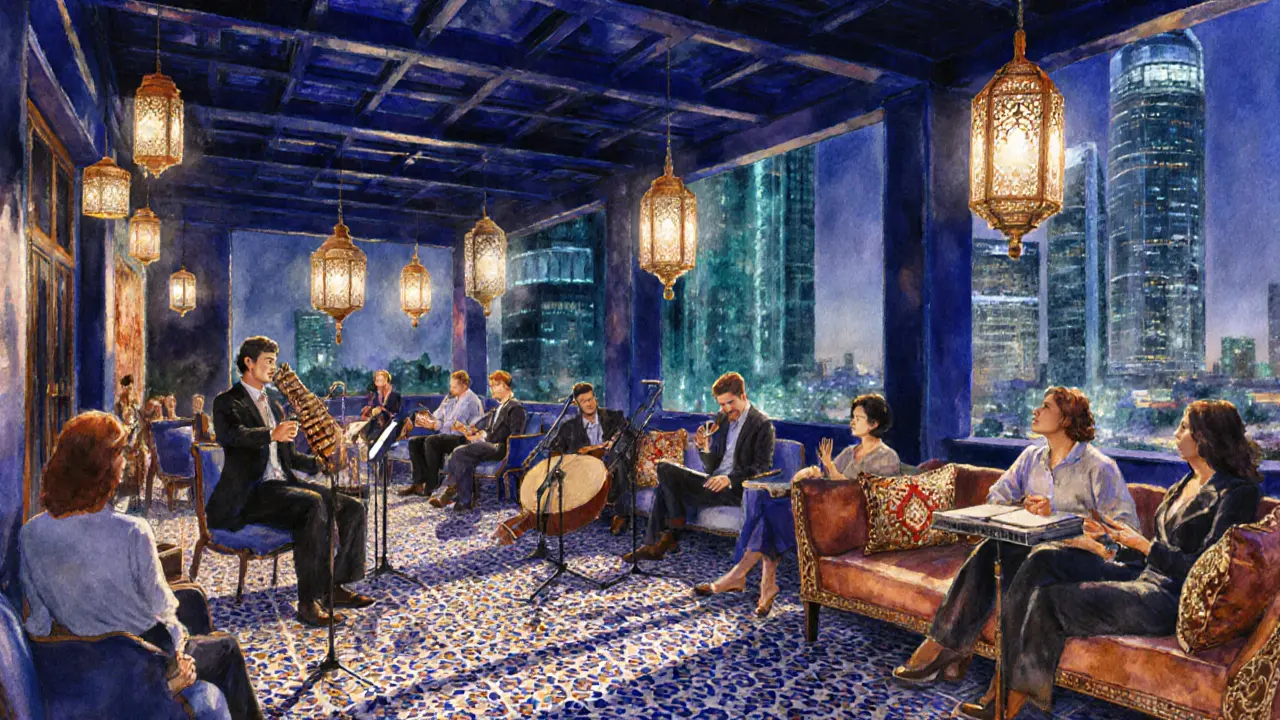 Barberousse lounge patio lit by lanterns with live oud music and smart‑casual guests.