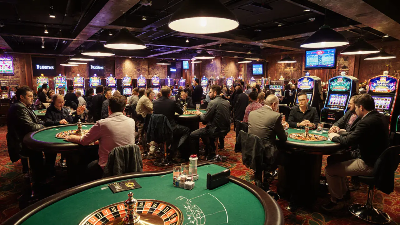 Busy casino floor with blackjack and roulette tables, slot machines glowing in the background.