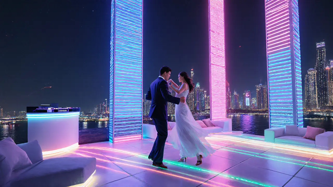Couple dancing on a neon‑lit waterfront terrace with LED walls and city backdrop.