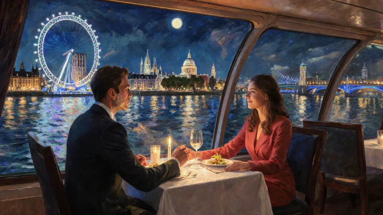 Couple dining on a river cruise as the Thames glows with city lights.