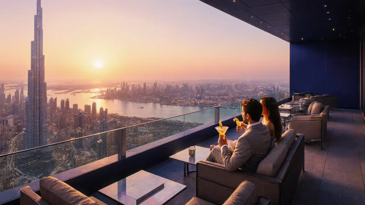 Couple enjoying cocktails at Level43 Sky Lounge with sunset view of Burj Khalifa.