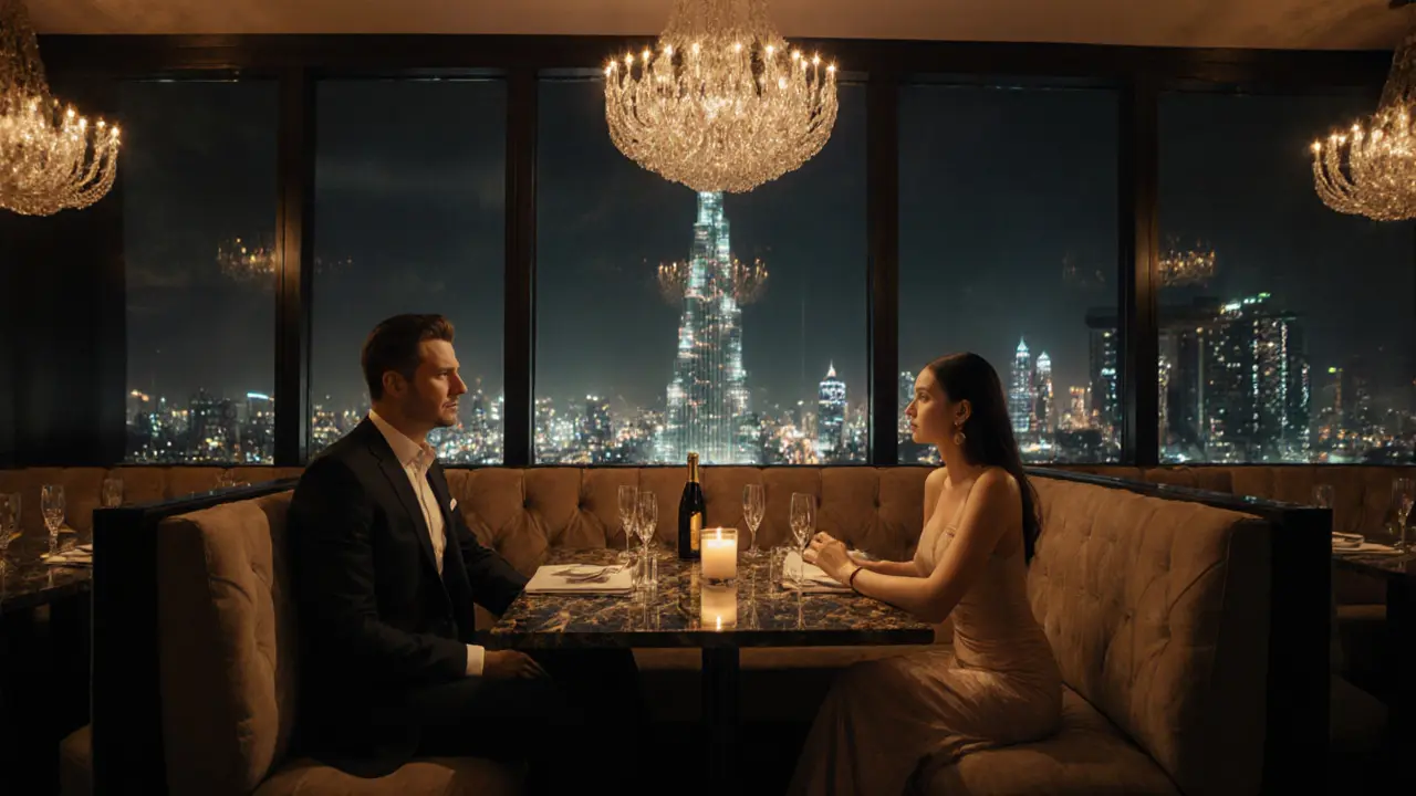 Couple in business-casual attire seated in a private booth of a luxury hotel bar with Dubai skyline behind them.