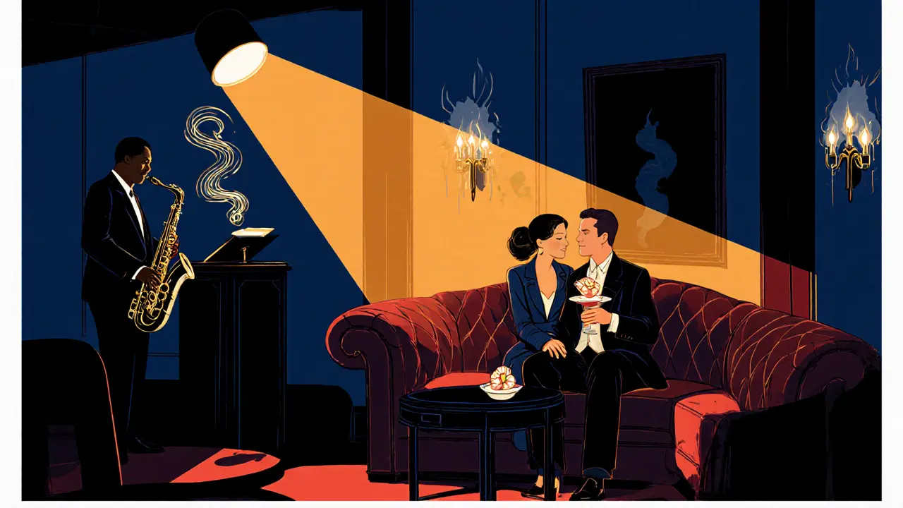 Couple seated in a dim jazz club listening to a live saxophonist.
