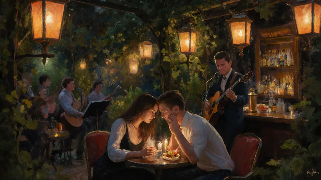 Couple sharing a meal in a dim garden bar with live jazz musicians.