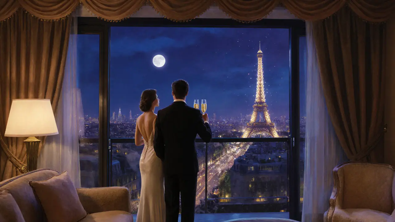 Couple toasting on a hotel balcony with a sparkling Eiffel Tower view at night.