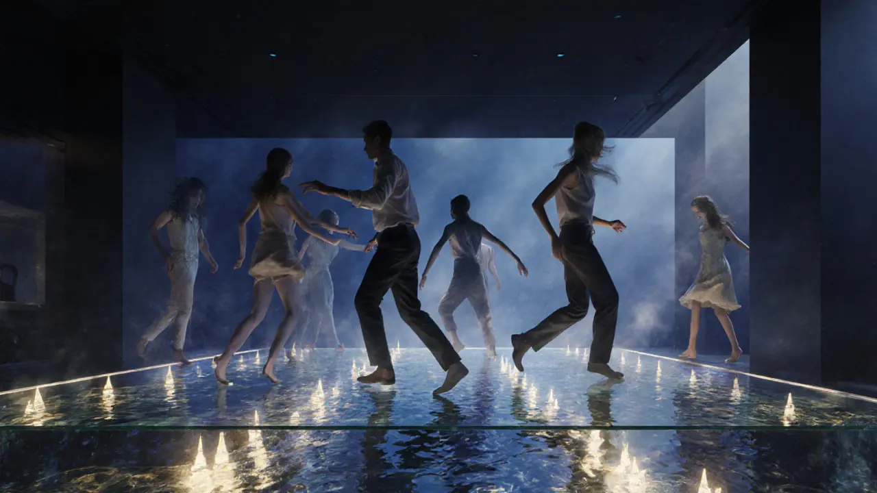 Dancers glide across a glowing glass floor at Opal Club, lights rippling beneath like submerged currents.