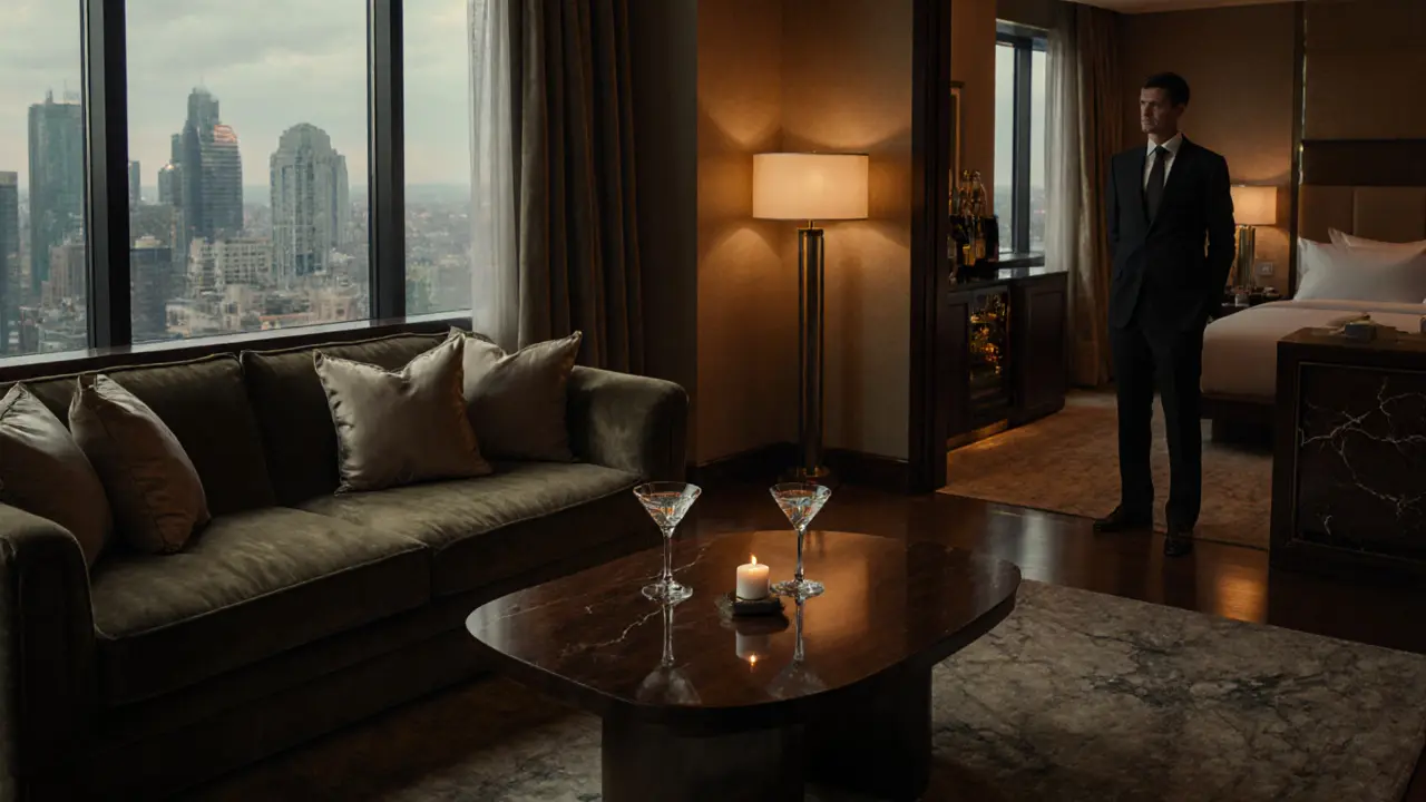 Elegant hotel lounge with mocktails, velvet sofa, and subtle private setting.