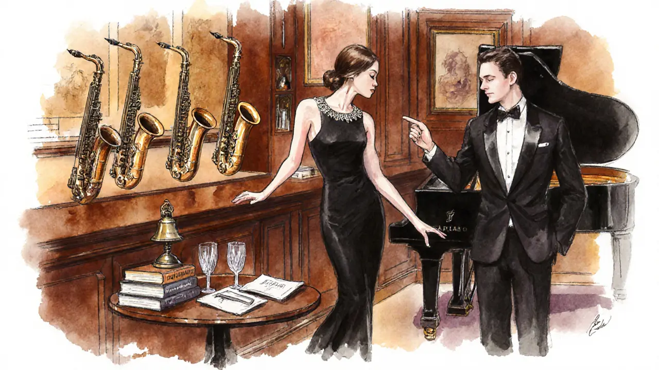 Escort guiding a client to a table in a dim, upscale Paris jazz bar.