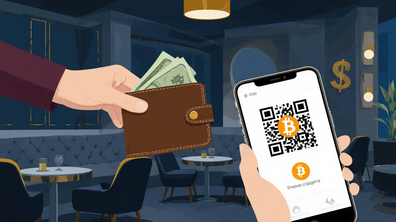 Escort receiving cash tip and crypto QR code in a quiet lounge.