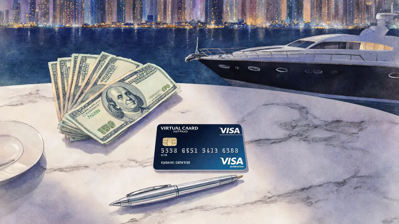Hand placing a discreet prepaid card on a marble table, Dubai night skyline reflected in the background.