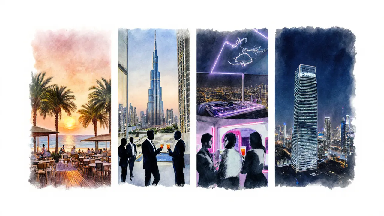 Illustrated collage of Dubai's top after‑work bars showing beach deck, rooftop, and high‑rise lounge.