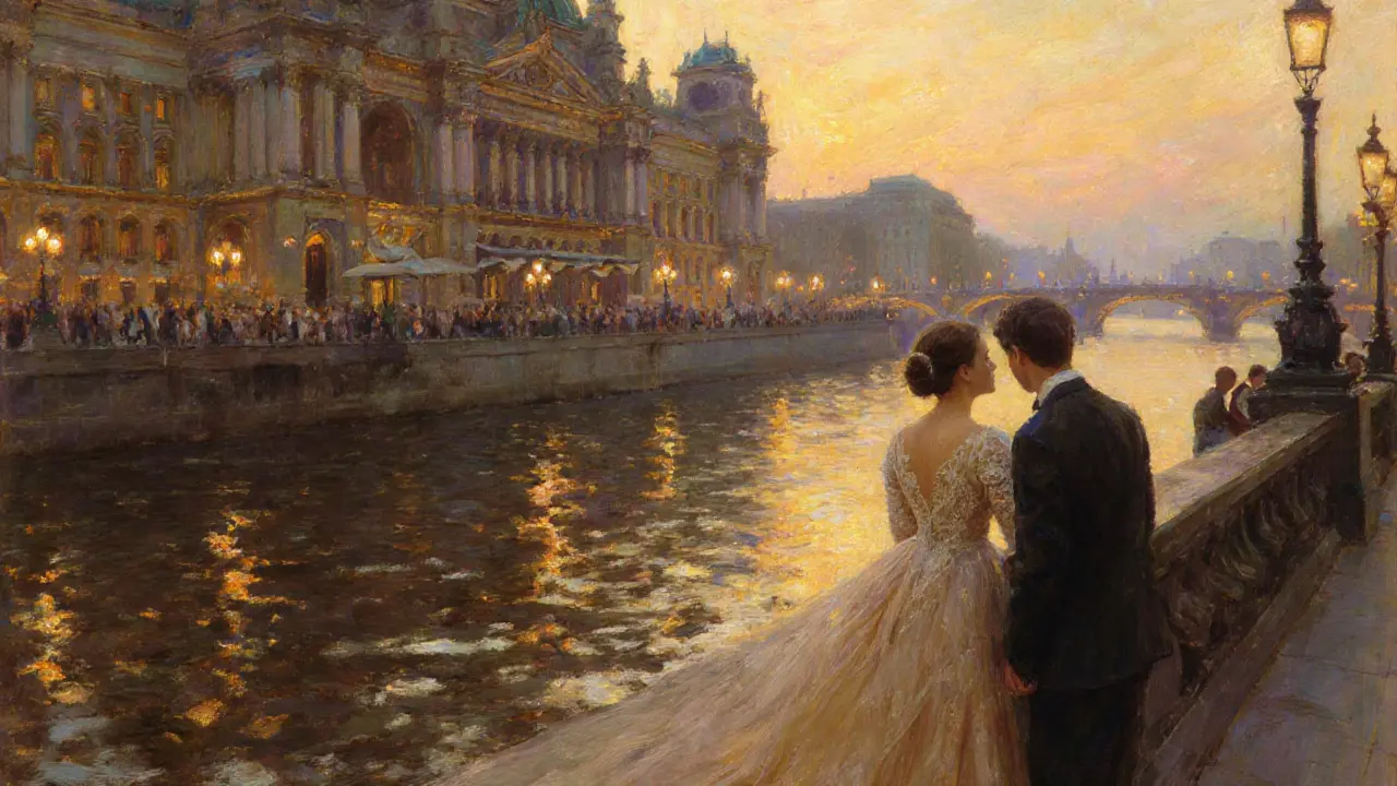 Impressionist scene of Isabella escorting a client to an opera box at sunset.