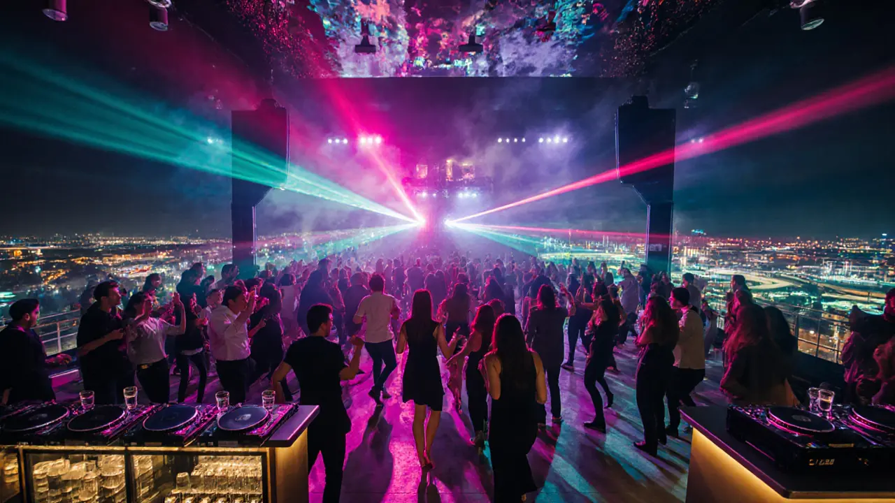 Interior of Iris rooftop club with DJ, neon lights, dancing crowd, and Yas Marina view at night.