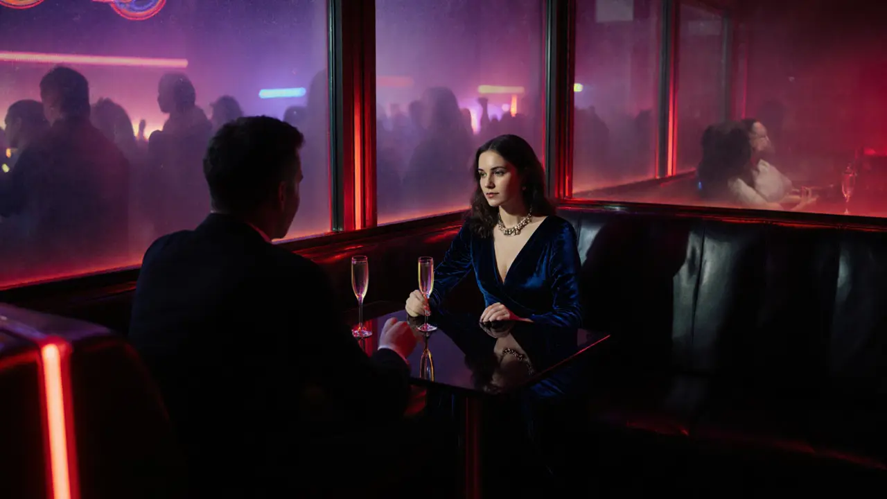 Isabella in a velvet dress sharing champagne in a VIP booth at Berghain.