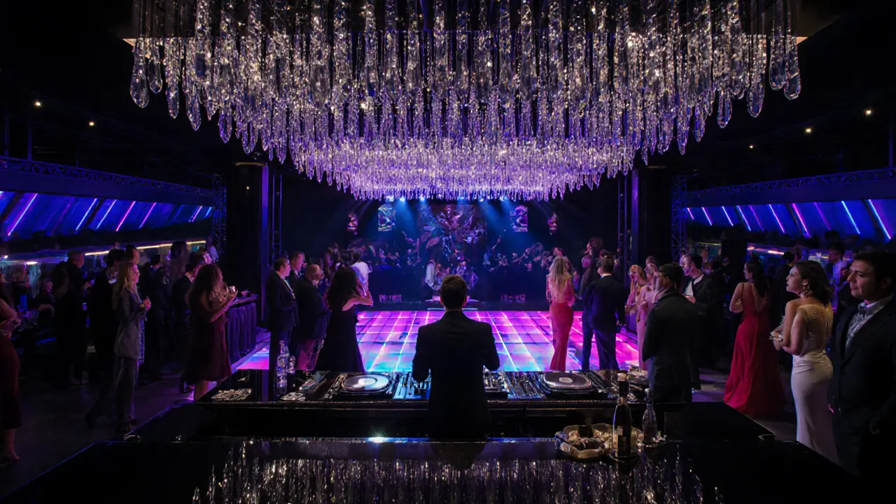Jimmy'z nightclub interior with chandeliers, LED dance floor, and fashionable patrons.