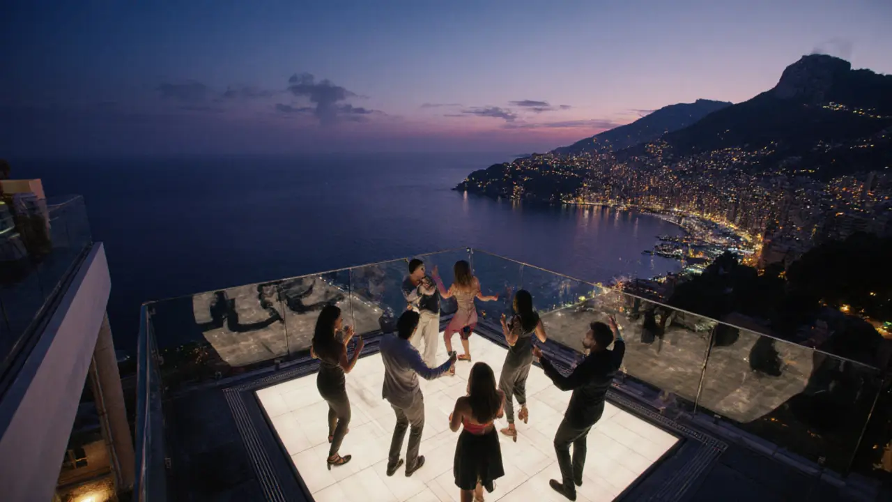 Jimmy'z rooftop Sky Lounge at 2 am with neon dance floor, sea view, and partygoers under a twilight sky.