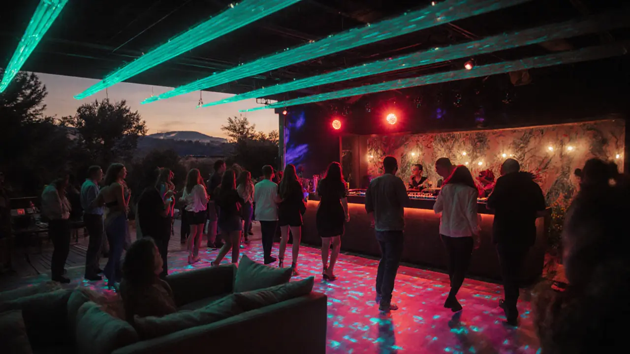 Le Groove night club early morning with LED dance floor, plush seating, and sunrise on the patio.