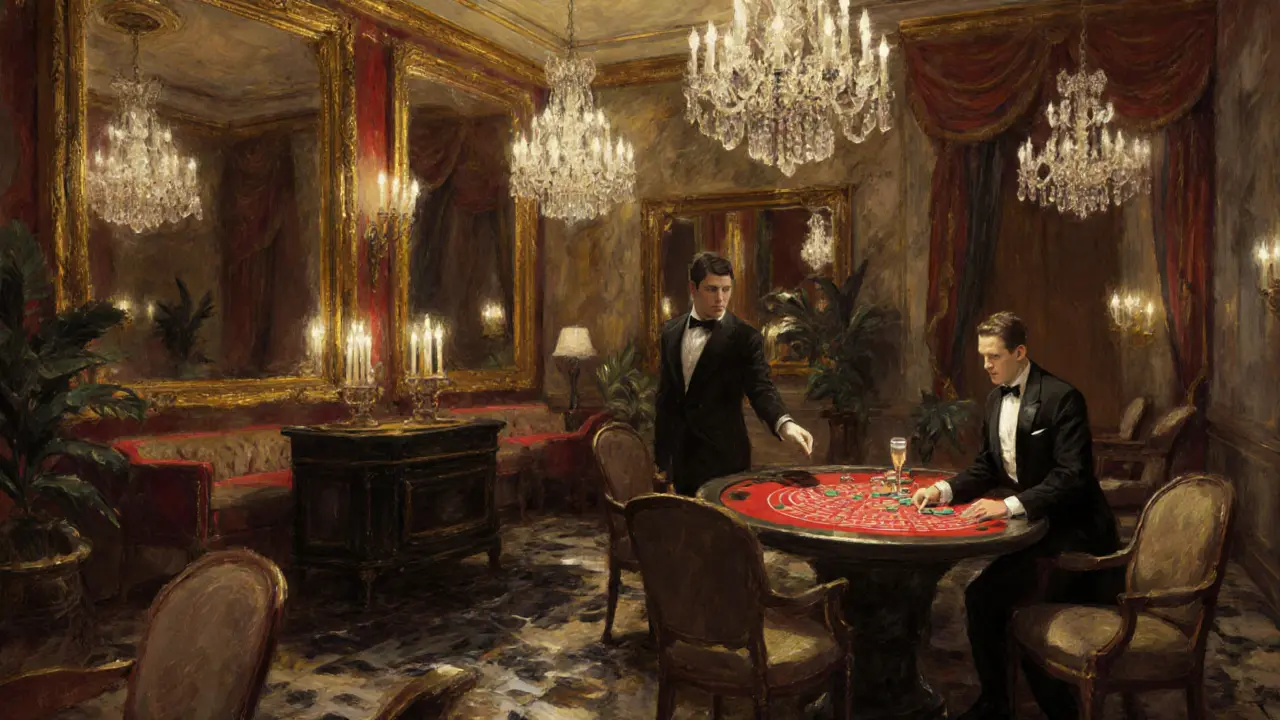 Luxurious 1920s-style gaming salon with marble, chandeliers, and a high roller at a baccarat table.