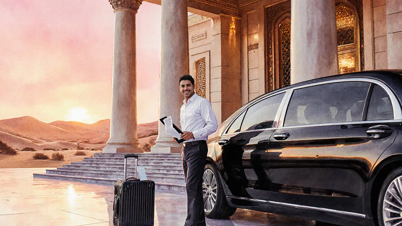 Luxury car parked at a 5‑star hotel at sunset with driver holding an envelope.