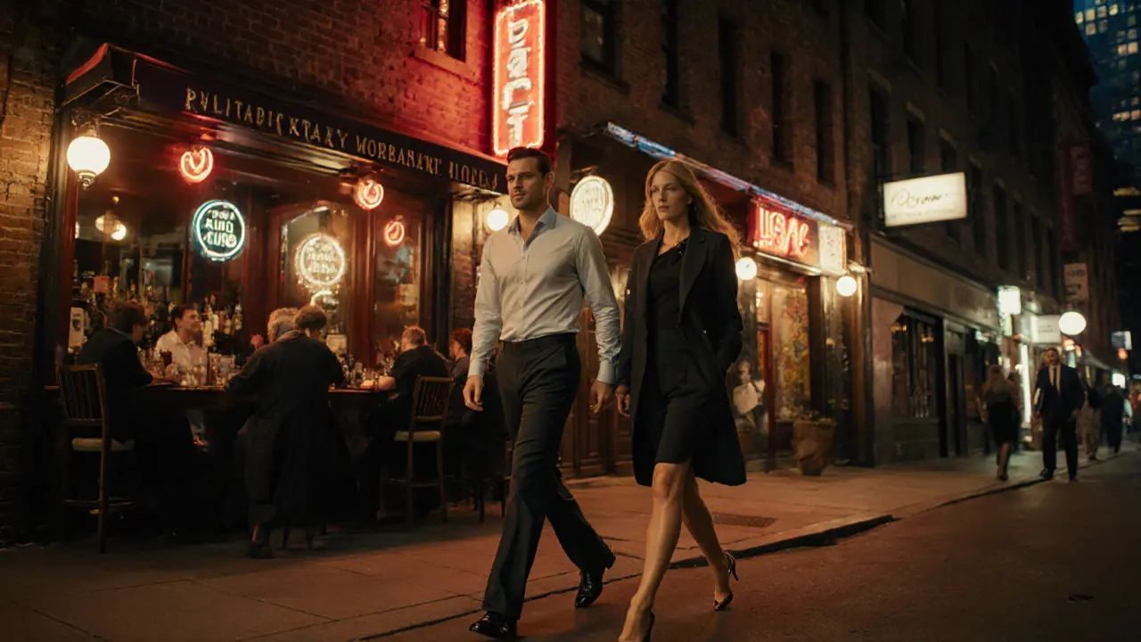 Man and escort walking through neon‑lit Soho after dinner.