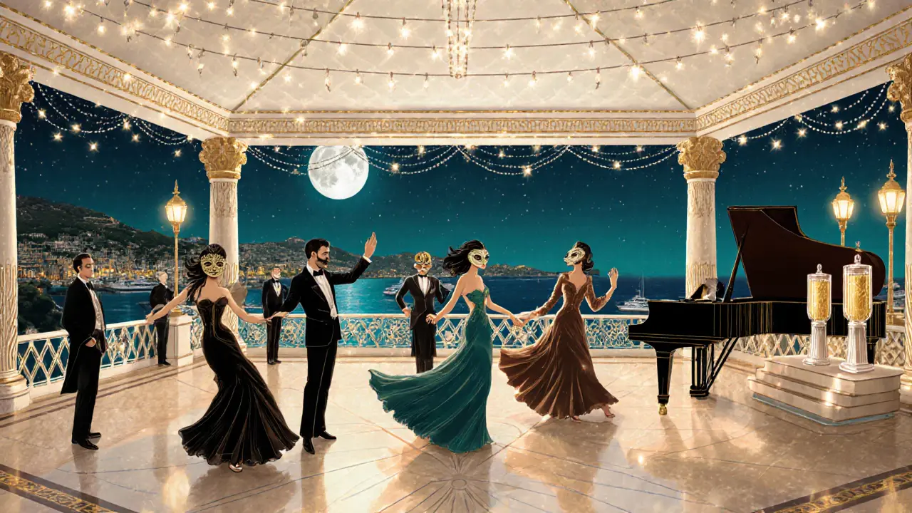 Masquerade gala on Monte-Carlo Casino rooftop with masked guests and piano.