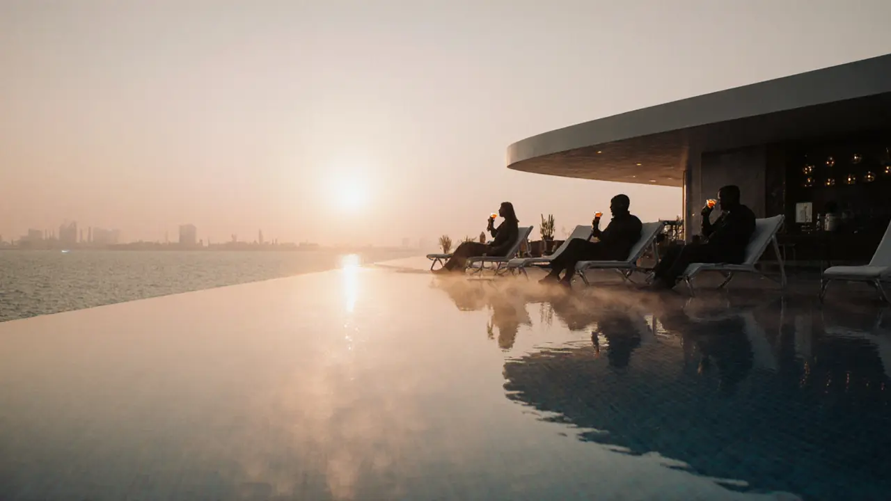 Moonrise Bar poolside at sunrise, people sipping mocktails as the sky brightens.
