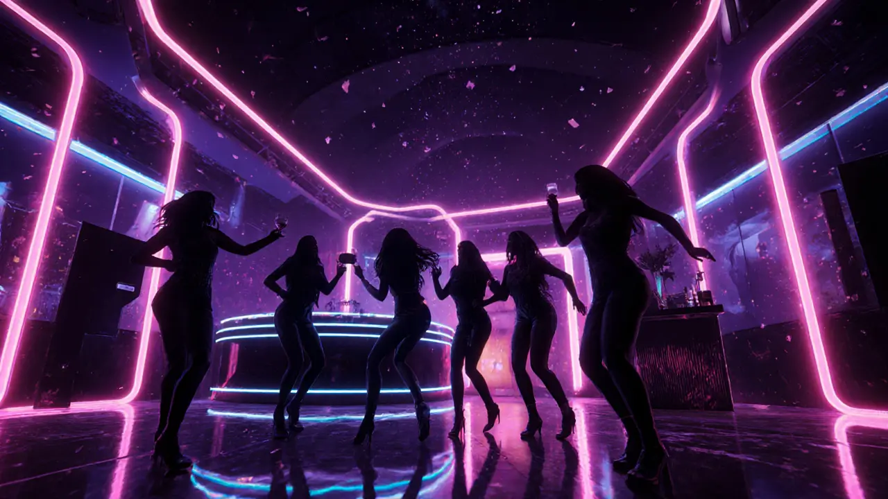 Neon‑lit nightclub interior with women dancing under colorful lighting.