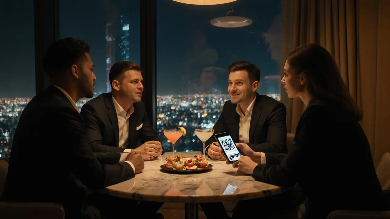 Professionals in smart‑casual attire networking over drinks in a dimly lit lounge with city lights outside.