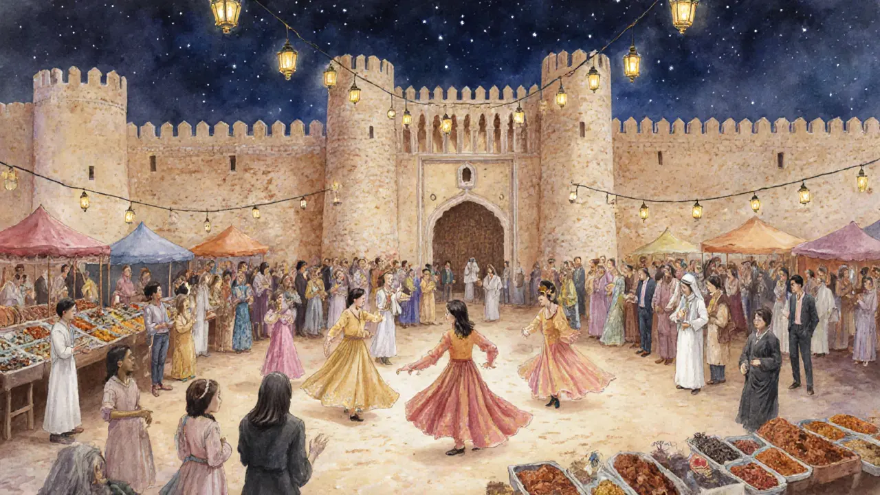 Qasr Al Hosn heritage evening with traditional dance, lanterns, and marketplace under night sky.