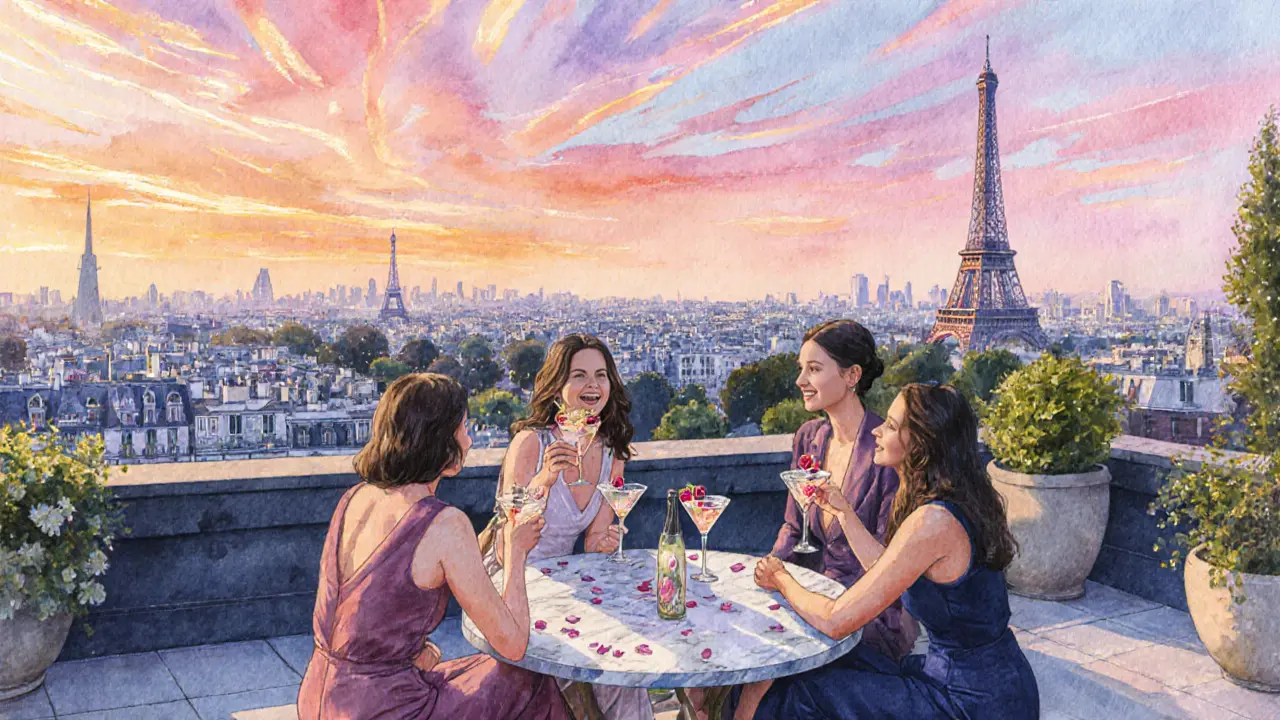 Rooftop bar at sunset with friends sipping cocktails and a view of the Eiffel Tower.