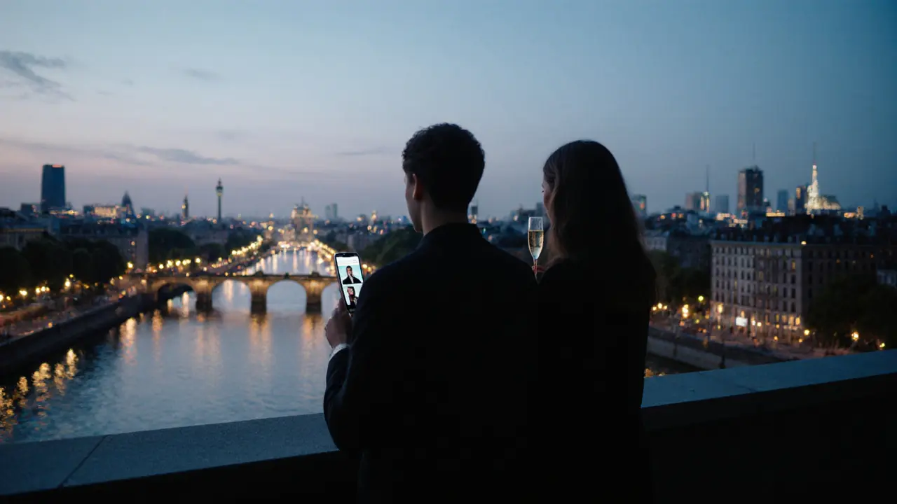 Silhouettes on a Berlin rooftop at dusk, overlooking the Spree River and city lights, a bottle of wine in hand.