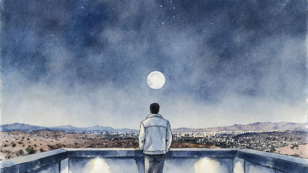 Solo visitor on a quiet rooftop bar overlooking desert and city lights at night.