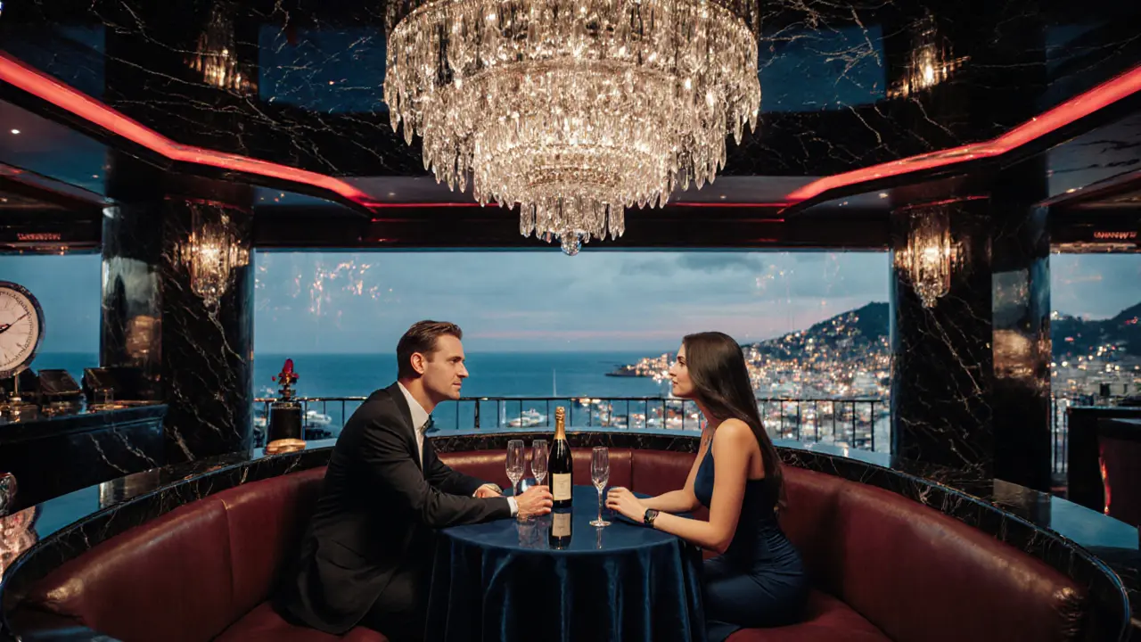 VIP area at Jimmy’z Monte-Carlo with chandelier, champagne bottles and city view.
