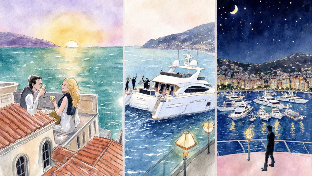 Watercolor of rooftop bar, yacht party, and midnight promenade stroll in Monaco.