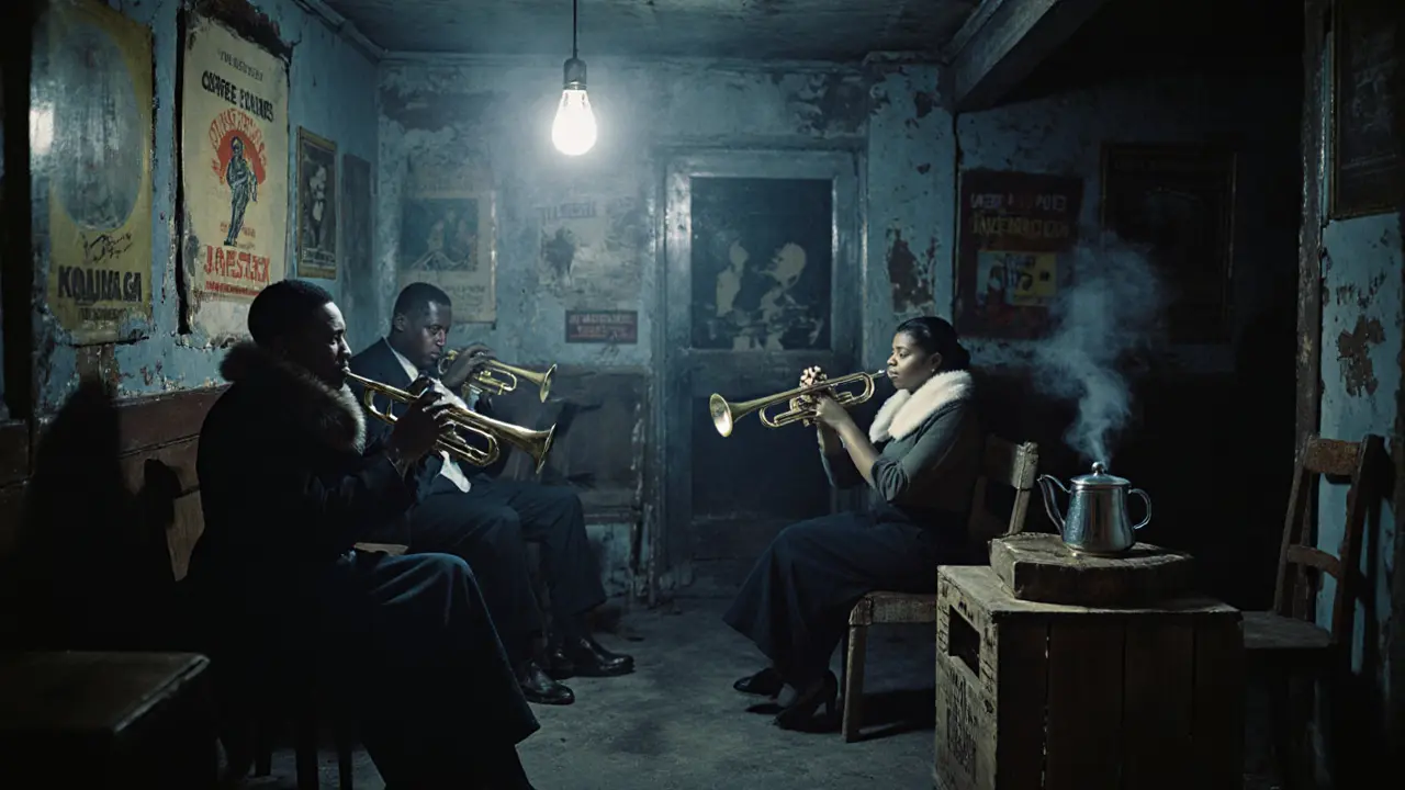 A 1950s underground jazz club in Paris with Black musicians performing for silent, attentive patrons.