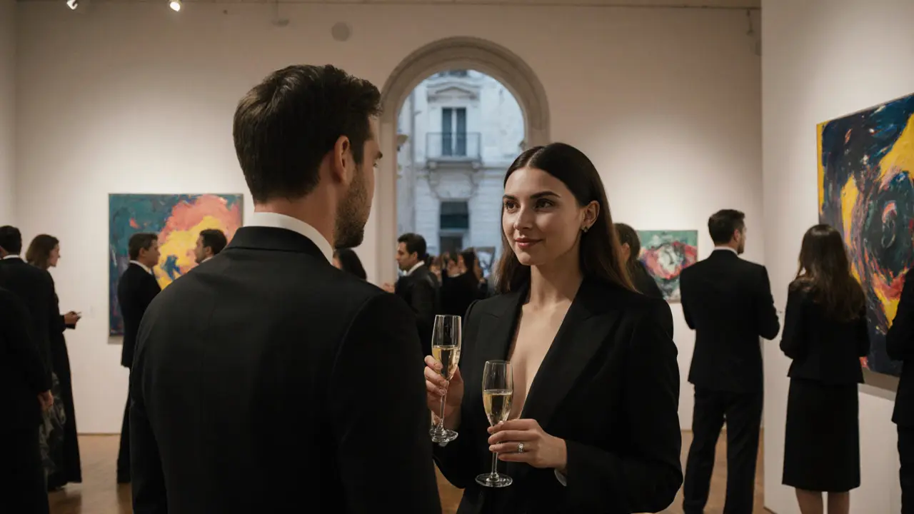 A companion and client stand together at a Milan gallery opening, engaged in calm, sophisticated conversation among art and guests.