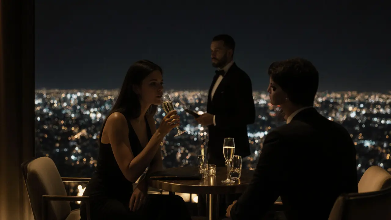 A couple shares a quiet moment on a rooftop lounge in Dubai, bathed in soft golden light with the city glowing behind them.