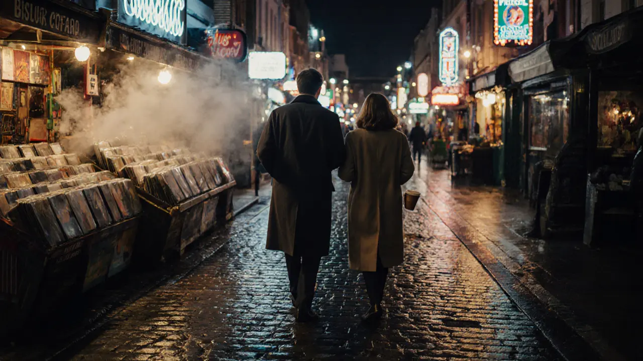 A couple walking through the empty, rain-glistened Camden Market at midnight under neon signs.