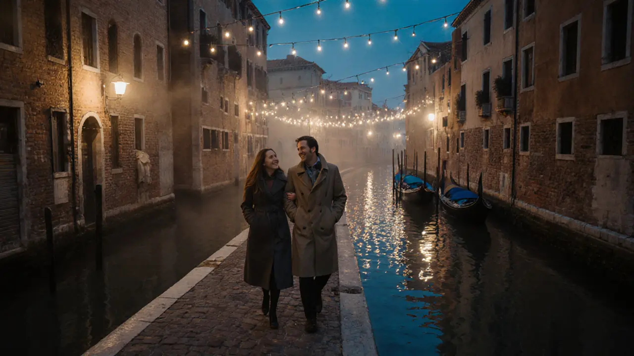 A couple walks peacefully along the Navigli canal at night under glowing string lights.