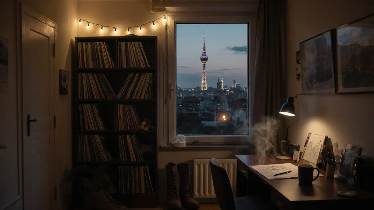 A cozy Berlin studio apartment with books, vinyl records, and fairy lights at dusk.
