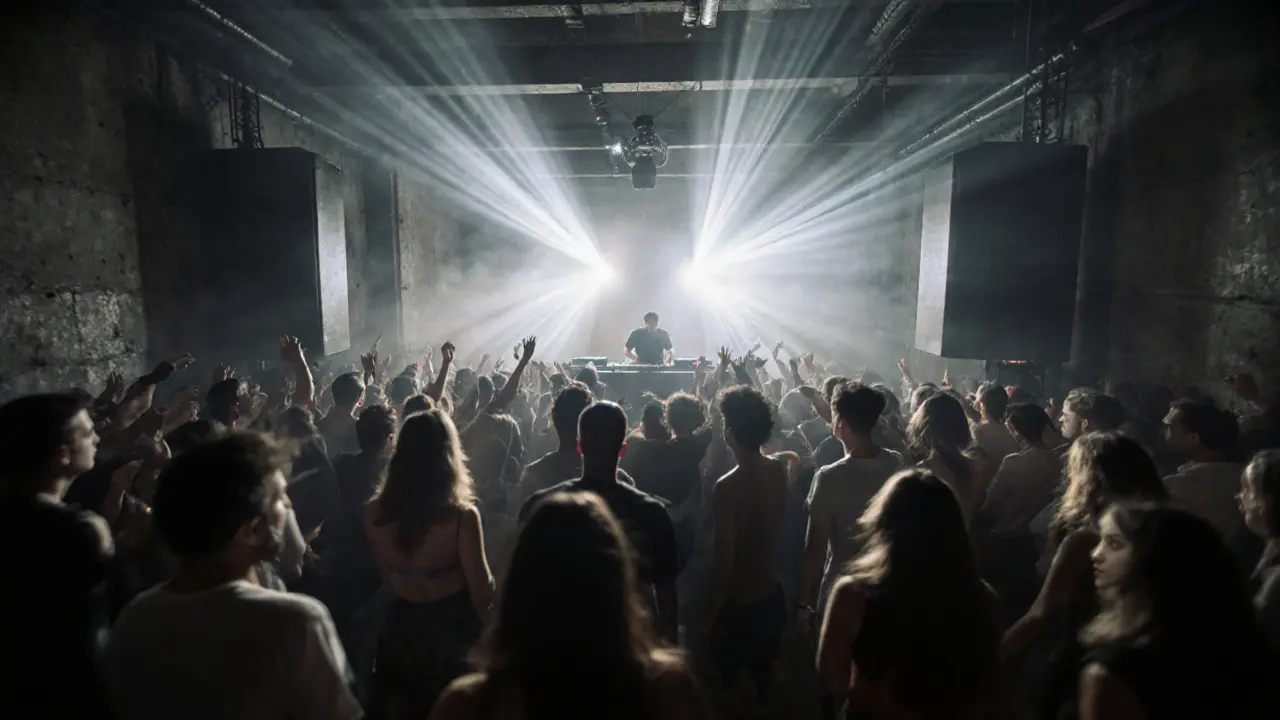 A crowded techno club with pulsing lights and people dancing to deep bass music.