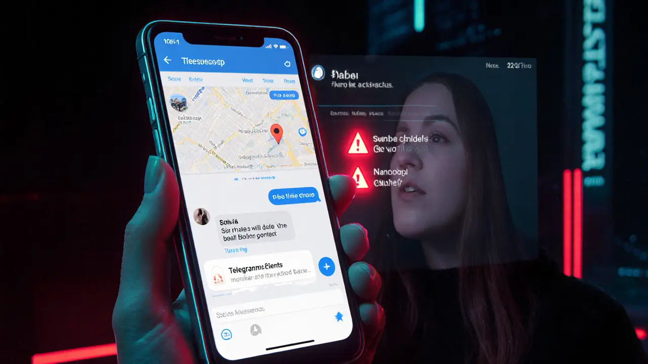 A digital interface showing a safety app sharing location data and encrypted messages for escort workers in Berlin.