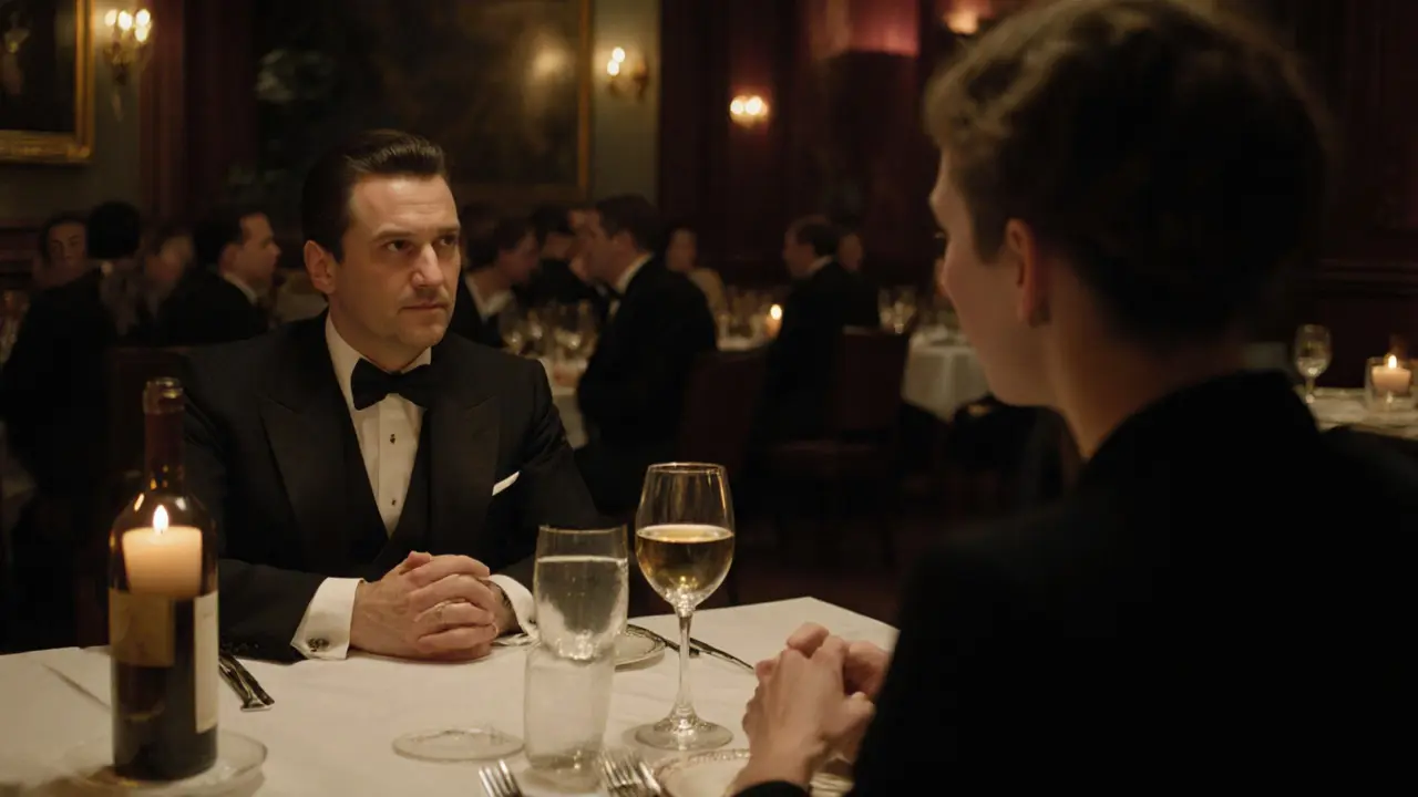 A gentleman and elegant woman dine in a luxurious London restaurant, sharing a quiet moment over candlelight.