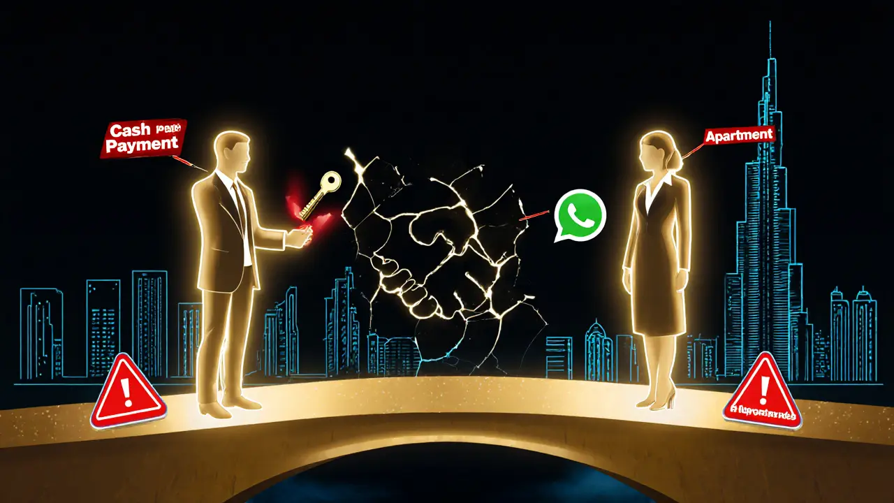 A golden bridge connects two figures symbolizing safe companionship, with dangerous elements shattered at the edges beneath Dubai&#039;s skyline.