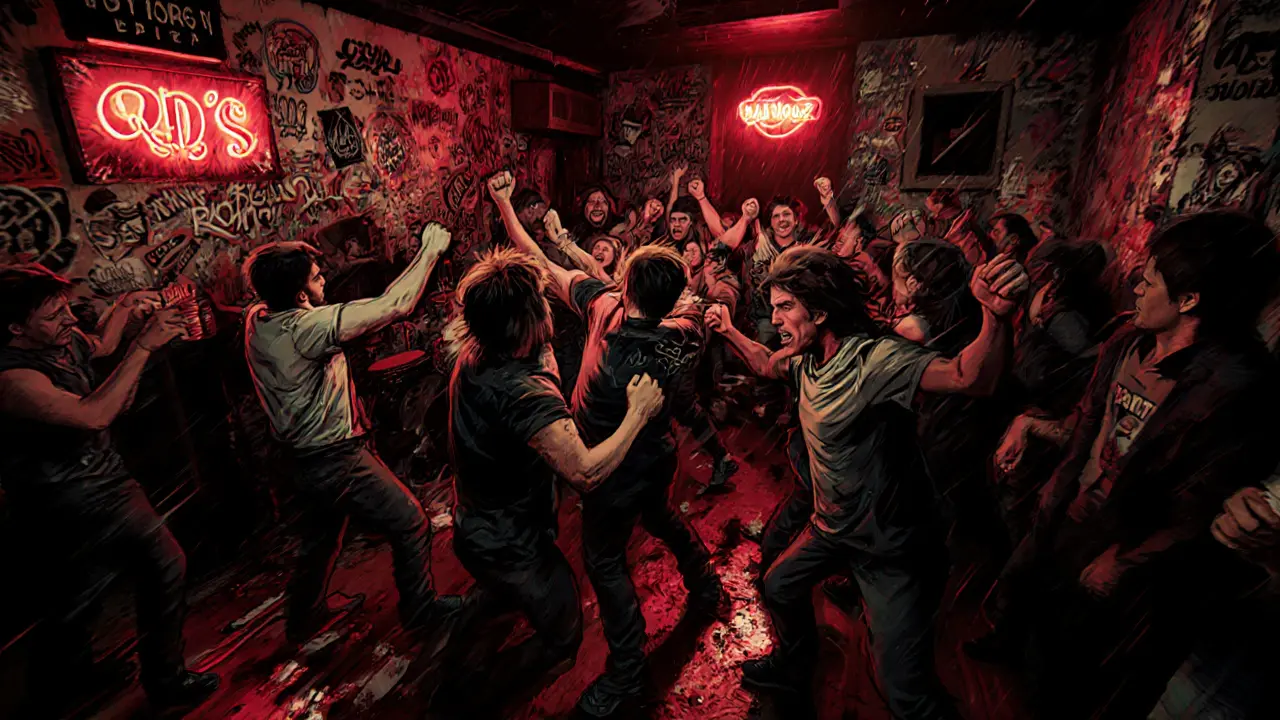 A gritty rock bar with a mosh pit and band performing under strobing lights amid graffiti-covered walls.